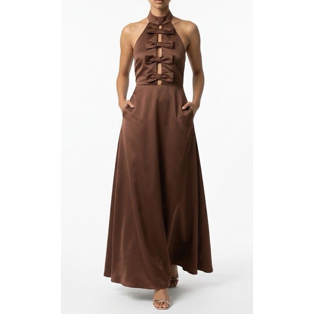 Petal & Pup Norva Bow Front Halter Satin Maxi Dress Chocolate Brown NWOT Sz 10 - Picture 1 of 16